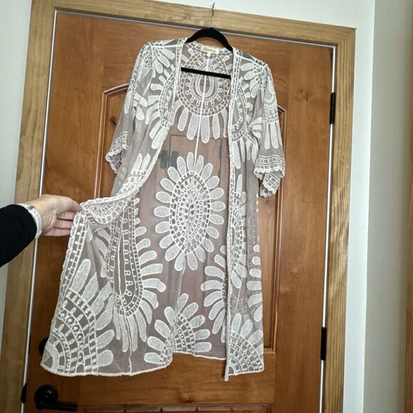 Rebellion Coquette Open Duster‎ Cardigan Antique Cream Embroidered Floral Lace - Picture 5 of 14